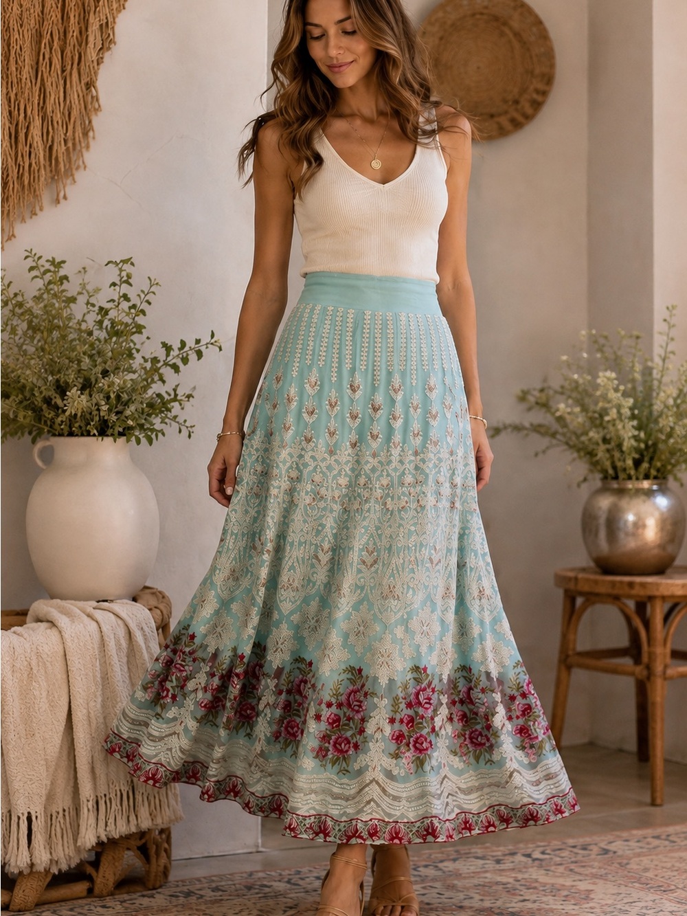 Soft Surroundings Analisa Embroidered Maxi Skirt Aqua Floral Petite XL Boho